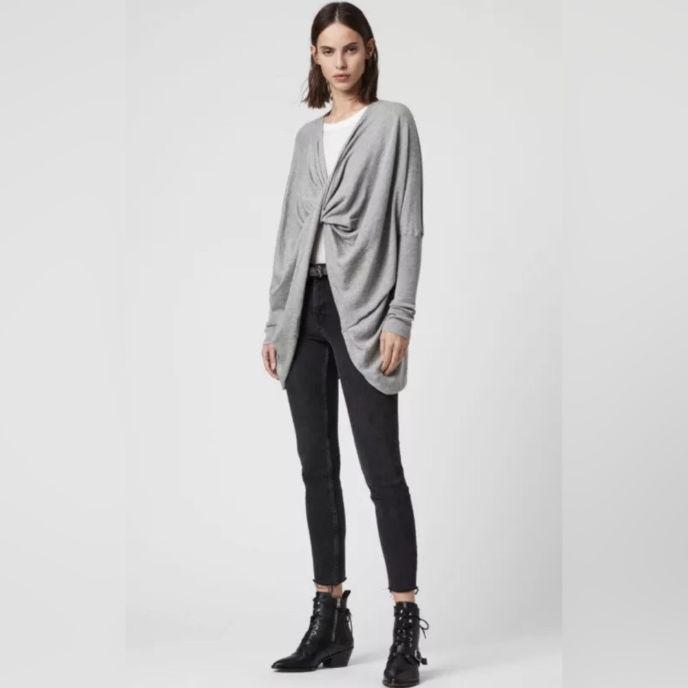 AllSaints Heather Gray Draped Cowl Wrap Top Long Sleeve Size 6
